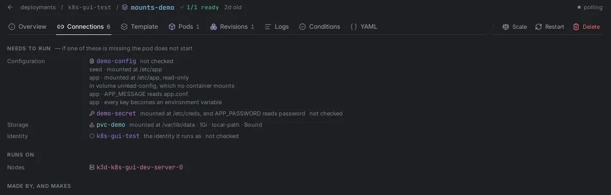 Connections tab grouping a workload's network paths by question