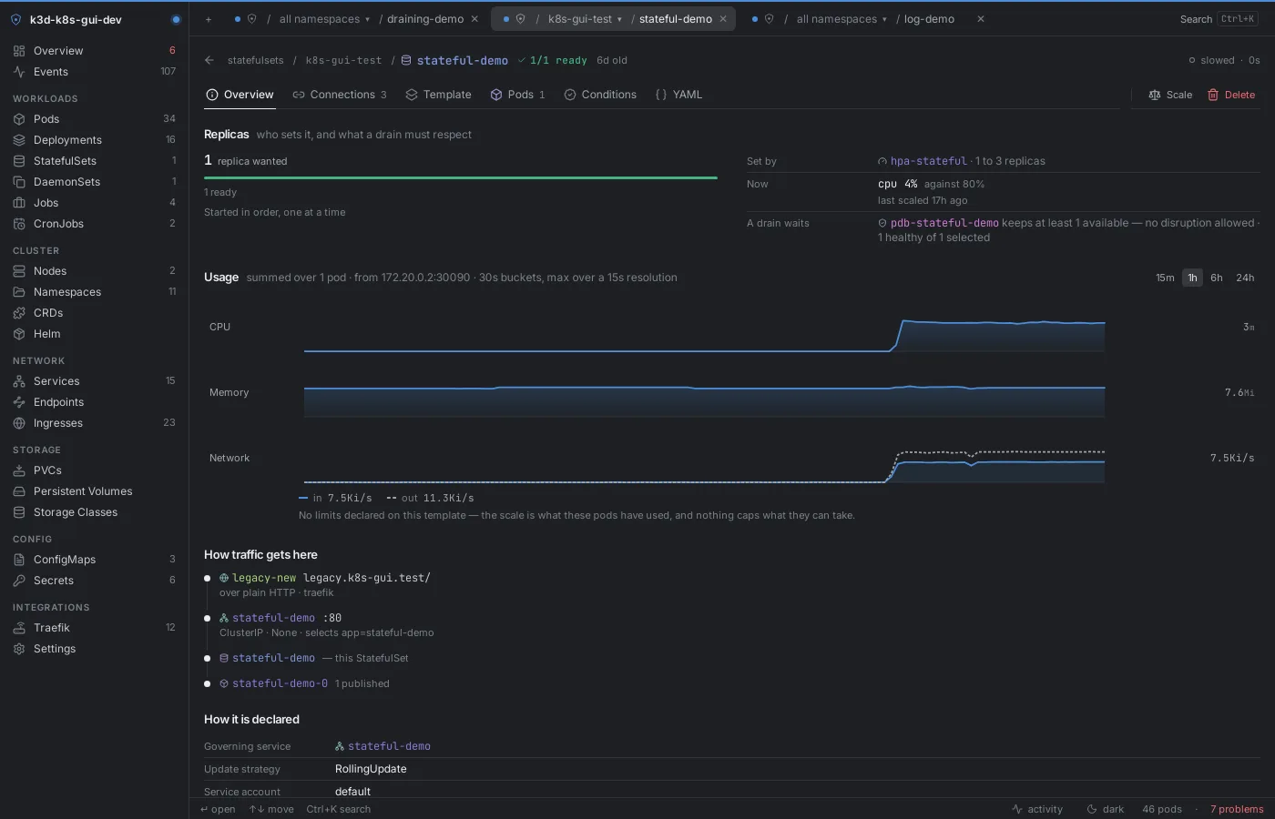 Rubick showing a workload page with live status, usage history and the traffic chain