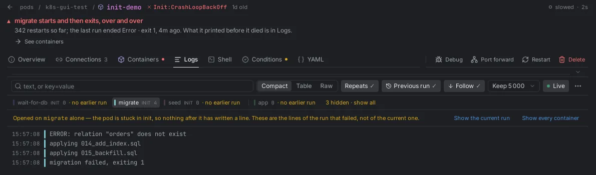 Logs opened on the failing init container's previous run