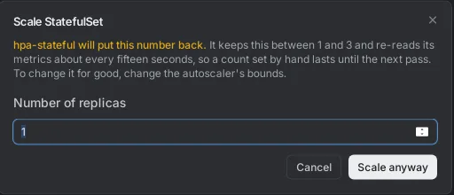 Scaling a deployment an autoscaler owns, with the warning naming who will undo it